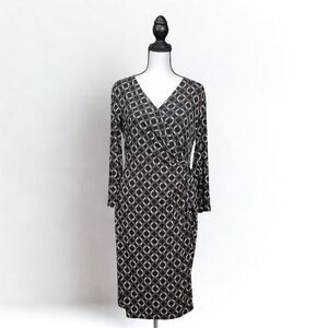 Black Label Evan Picone Size 8 Faux Wrap Midi Dress Geometric Career Office